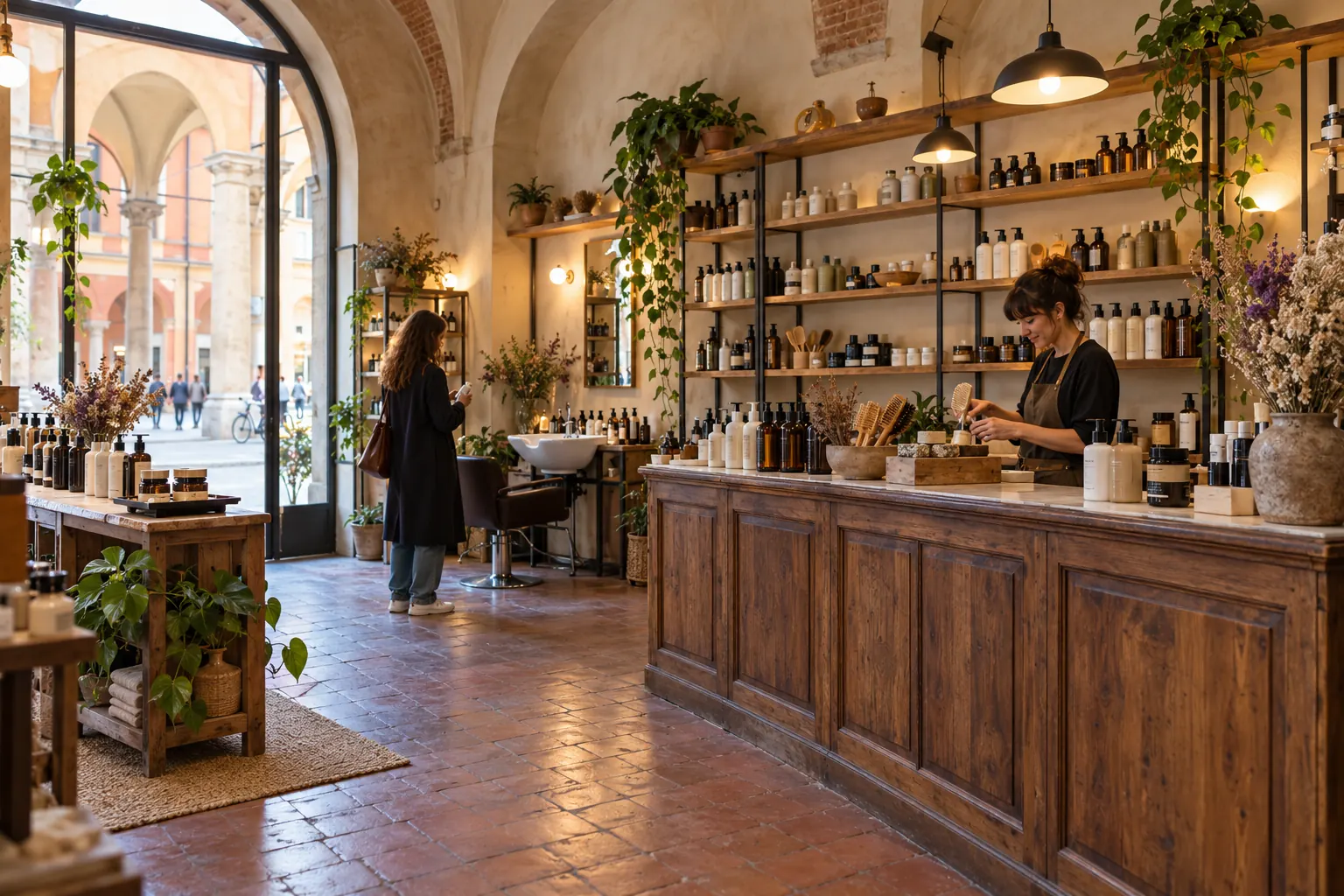 Interno del negozio sotto il portico di Via del Pratello, con bancone in legno e scaffali