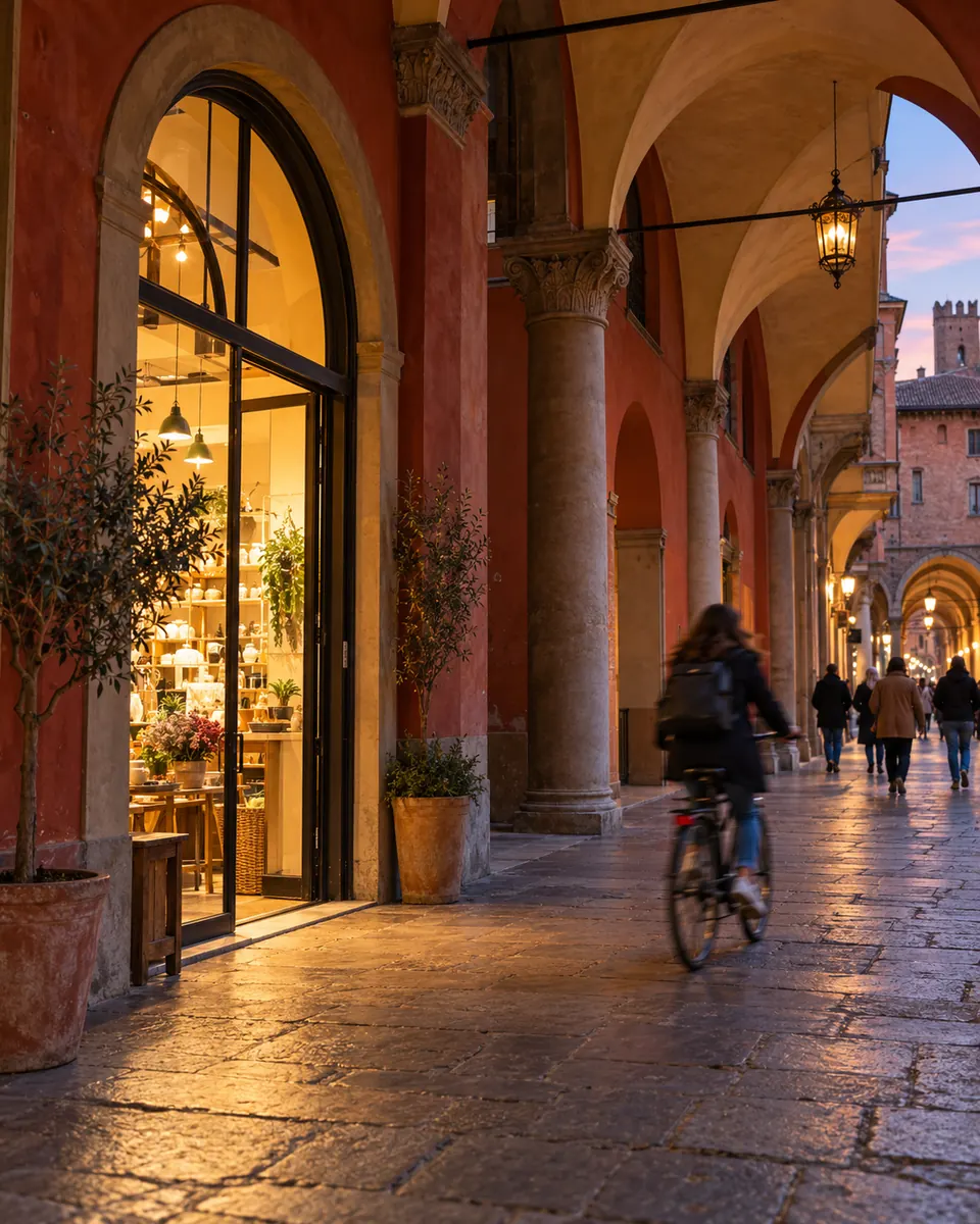 Il portico di Via del Pratello con l'ingresso illuminato del negozio