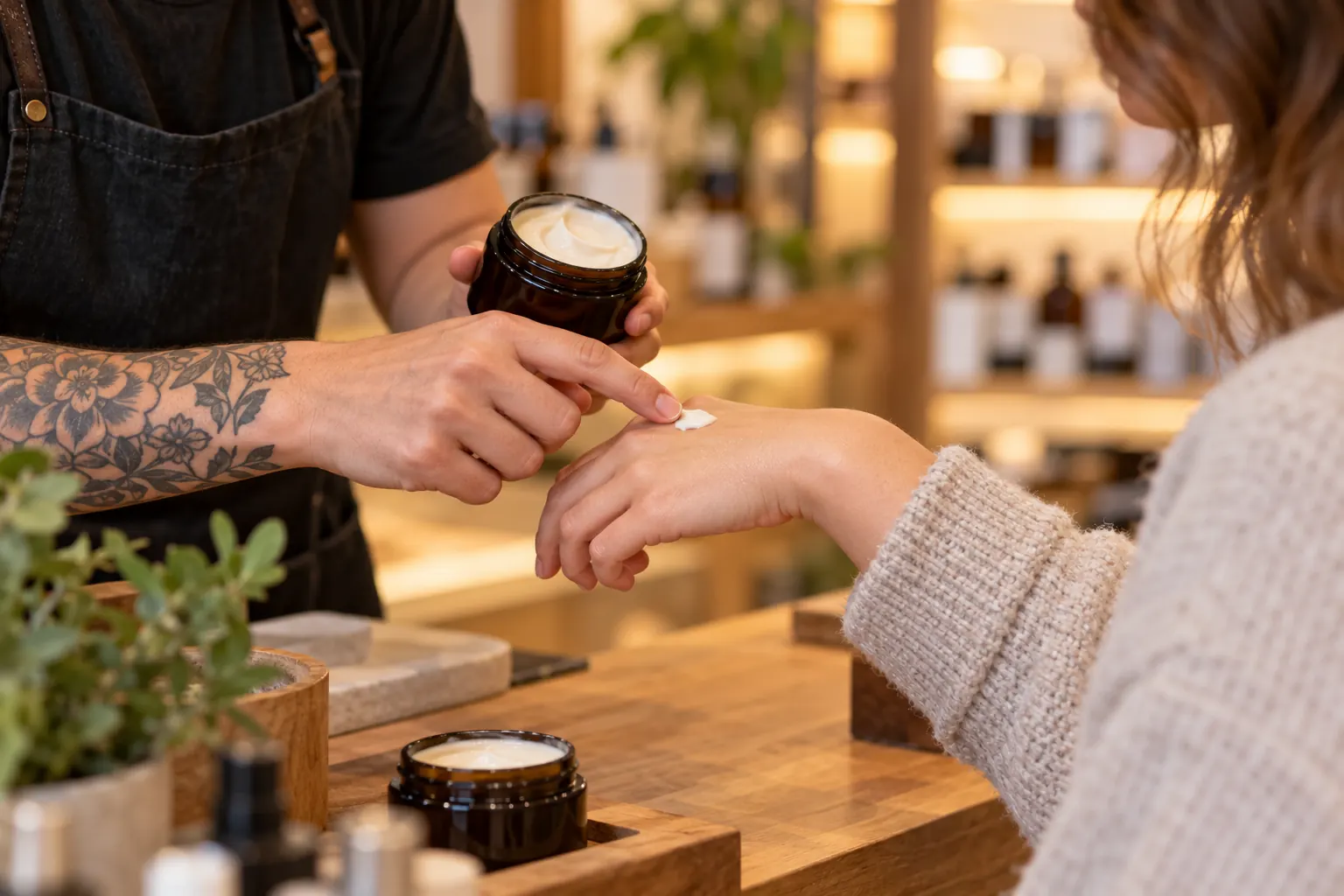 Una commessa fa provare la texture di una crema sul dorso della mano di una cliente