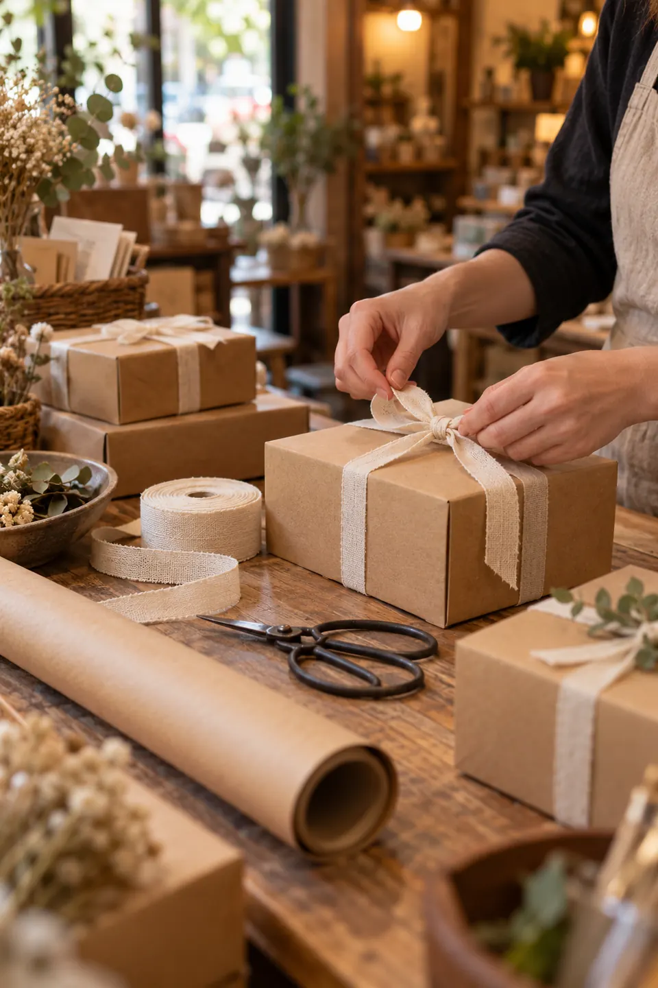 Scatole regalo in cartone avana chiuse con nastro di cotone