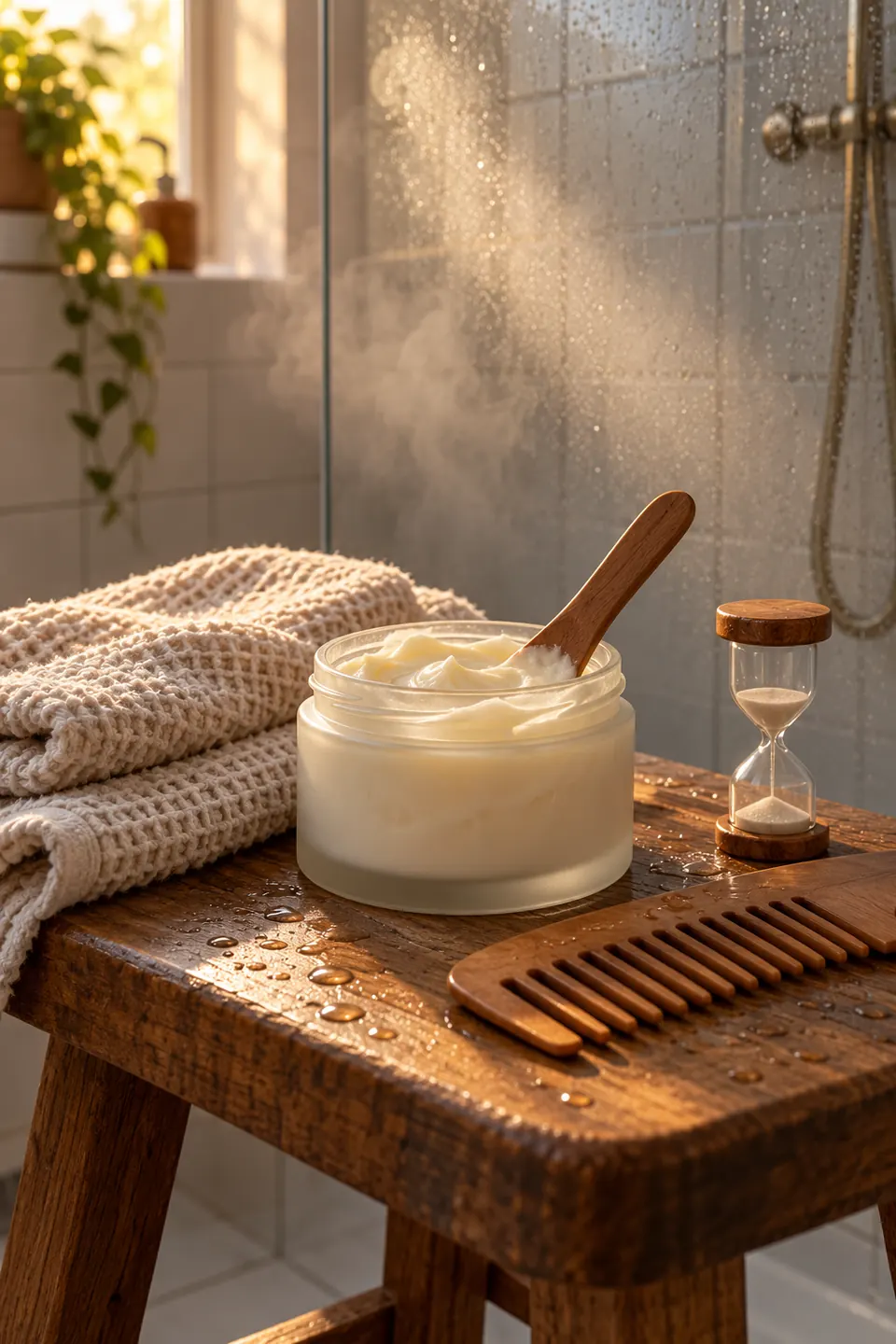 Barattolo di maschera per capelli aperto su uno sgabello del bagno