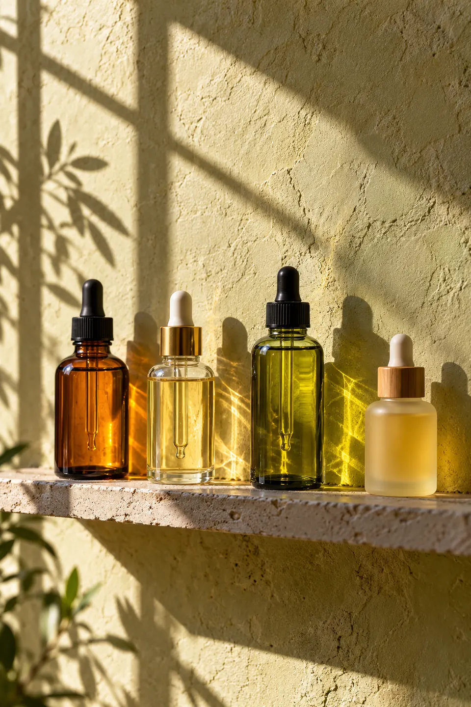 Flaconi di olio e siero per capelli su una mensola al sole