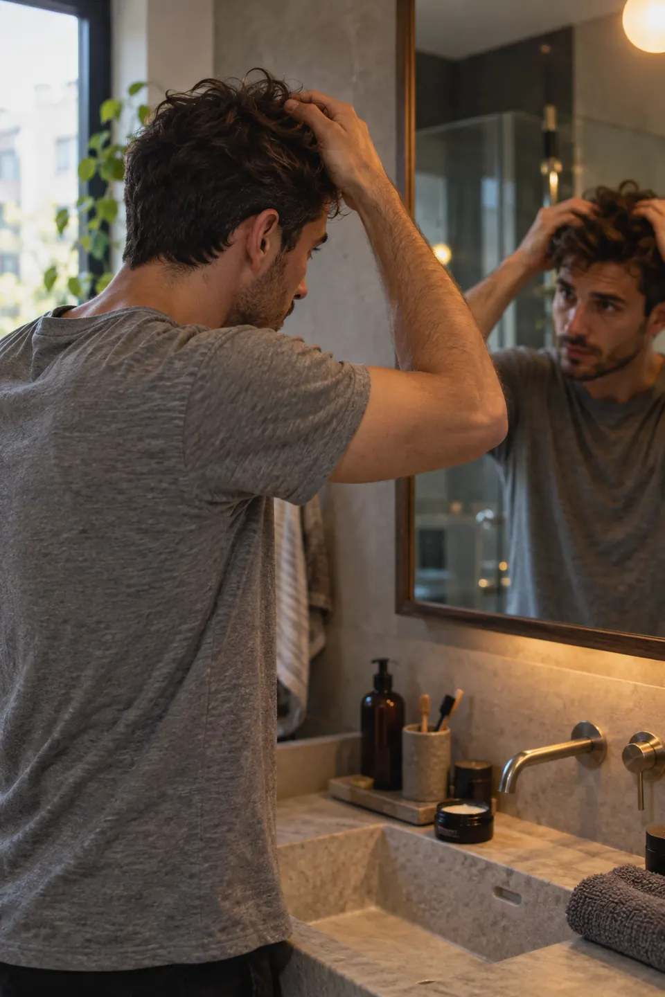Ragazzo davanti allo specchio che modella i capelli con la pasta