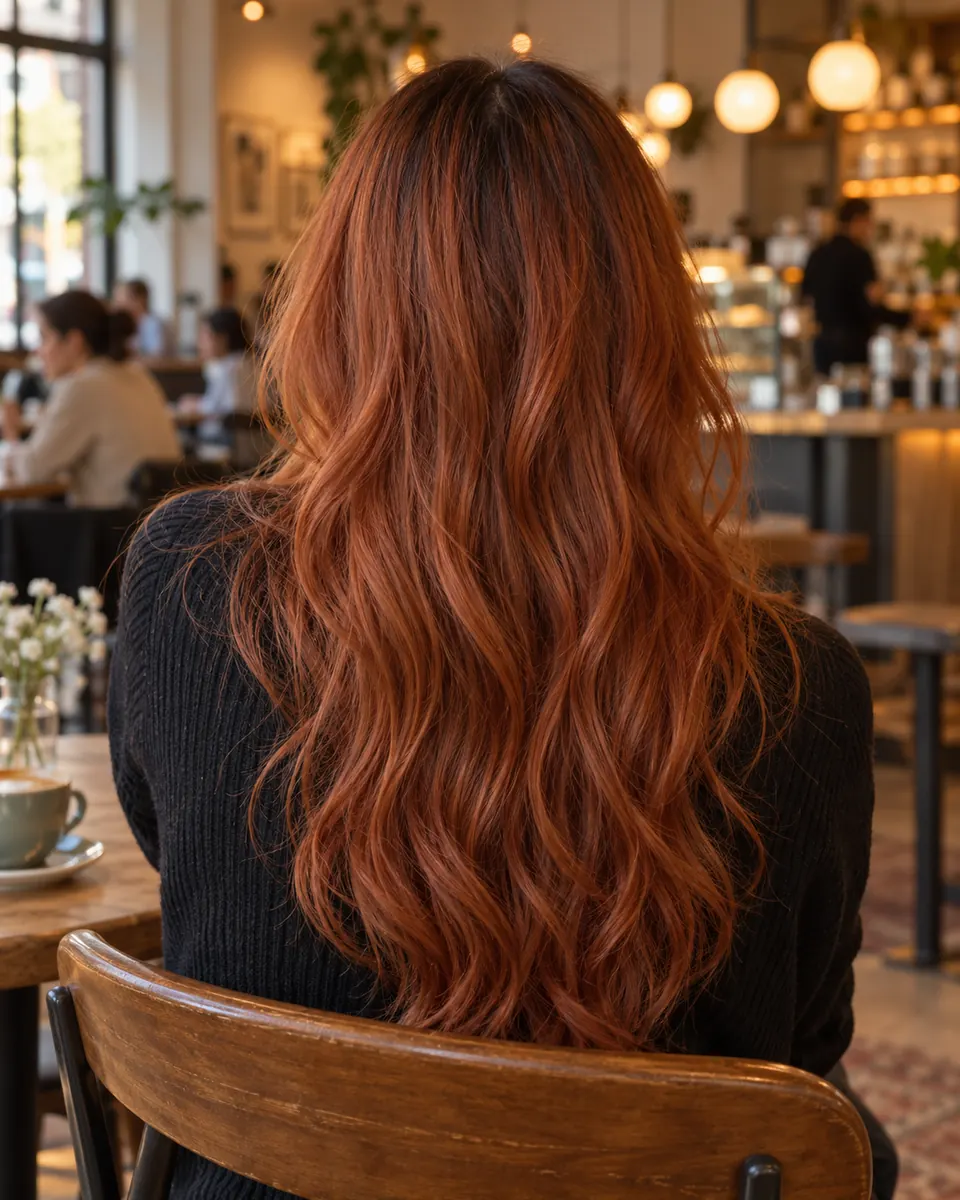 Capelli lunghi color rame visti da dietro in un caffè