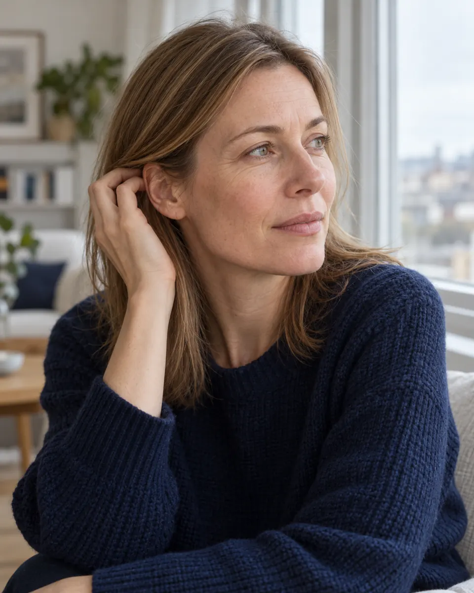 Donna con capelli fini e lisci che guarda fuori dalla finestra