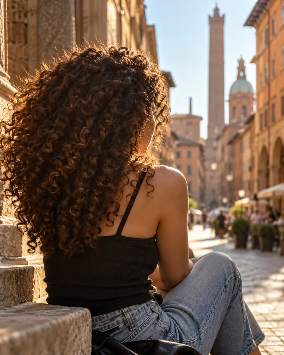 Ragazza con capelli ricci voluminosi seduta su un gradino a Bologna