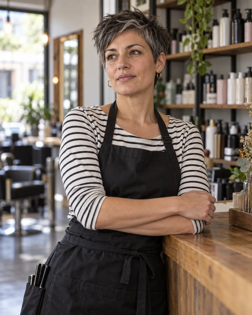 Giulia Ferrandi appoggiata al bancone del negozio