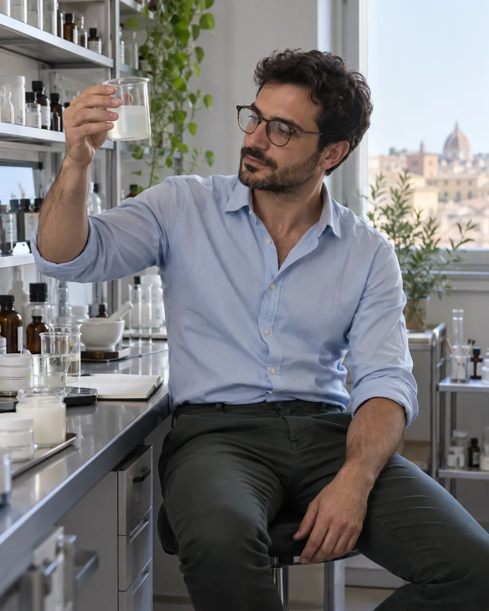 Davide Lenzi nel piccolo laboratorio con un becher in mano